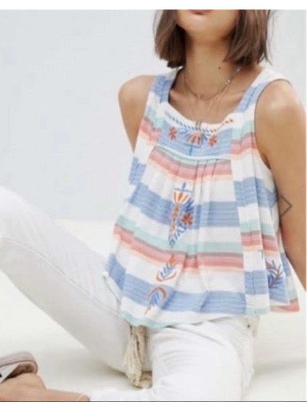 Free People Striped Embroidered Sleeveless Top in Blue, Coral & Cream